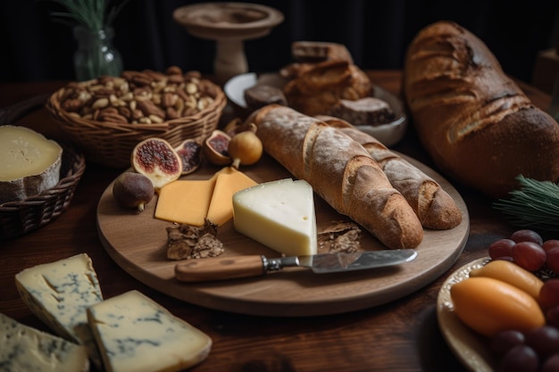 Plate of pastries breads and cheeses for unique cheese pastry plate created with generative ai