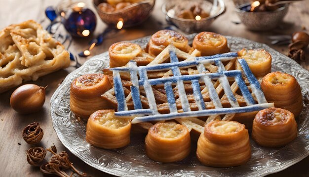 a plate of pastries with a blue ribbon around the top