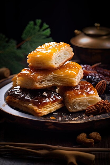 a plate of pastries with chocolate on it