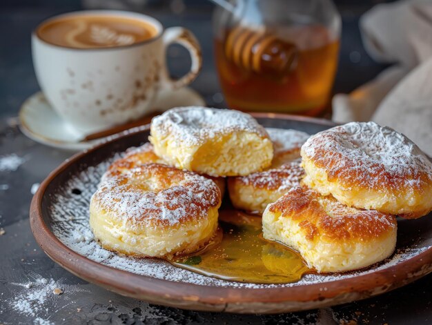 Photo a plate of pastries with a cup of coffee in the background