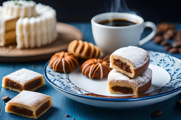 a plate of pastries with a cup of coffee in the background.