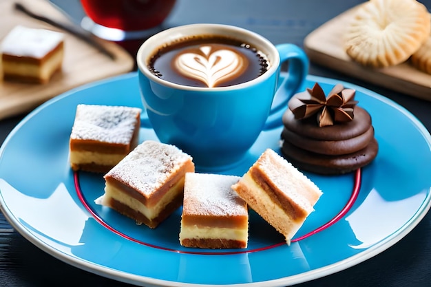 A plate of pastries with a cup of coffee in the background