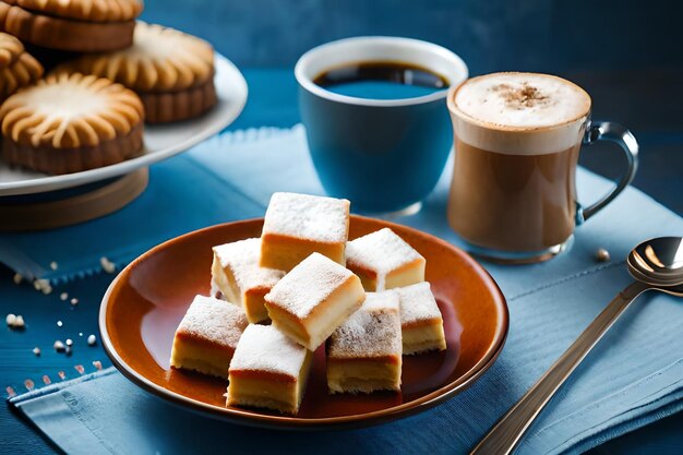 a plate of pastries with a cup of coffee in the background.