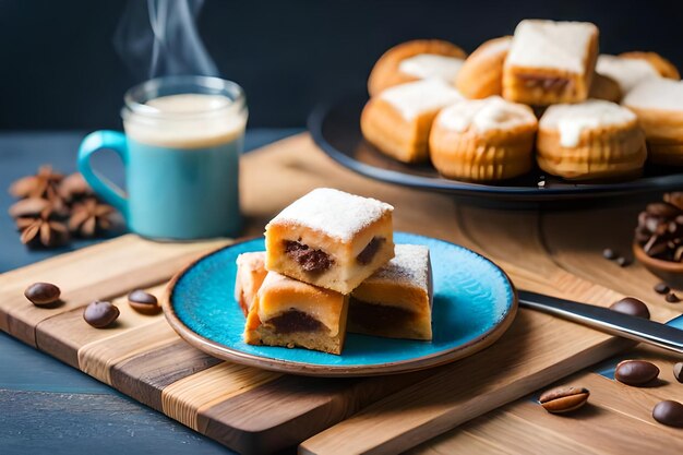 a plate of pastries with a cup of coffee in the background.