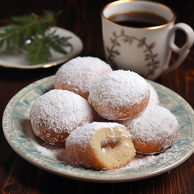 a plate of pastries with a cup of coffee on it