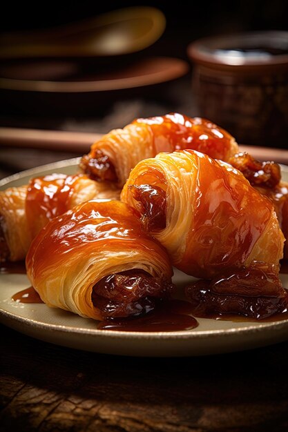 a plate of pastries with a dark liquid in the background