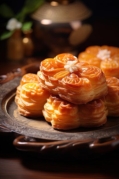 a plate of pastries with a flower on the top