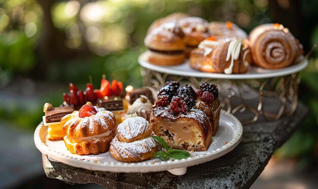 Foto un piatto di pasticcini con un piotto di frutta su di esso