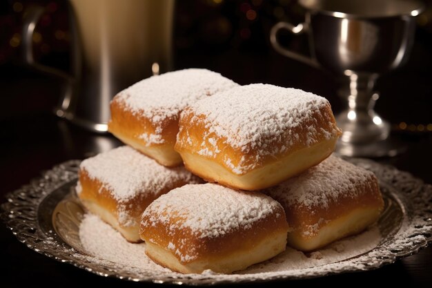 a plate of pastries with powdered sugar