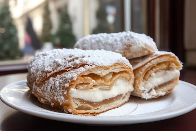 A plate of pastries with powdered sugar