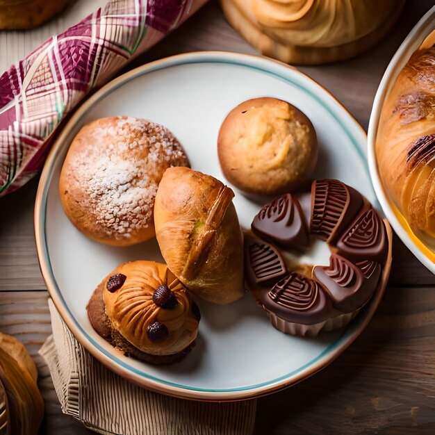 A plate of pastries with a white and blue towel on the side.