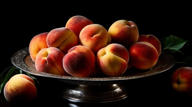 A plate of peaches on a black background