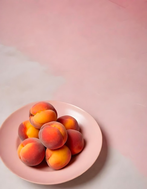 Photo a plate of peaches on pastel pink plate