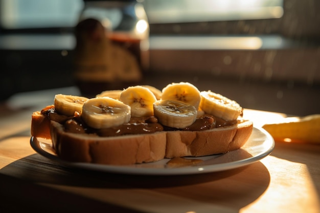 A plate of peanut butter and banana toast with banana slices on it