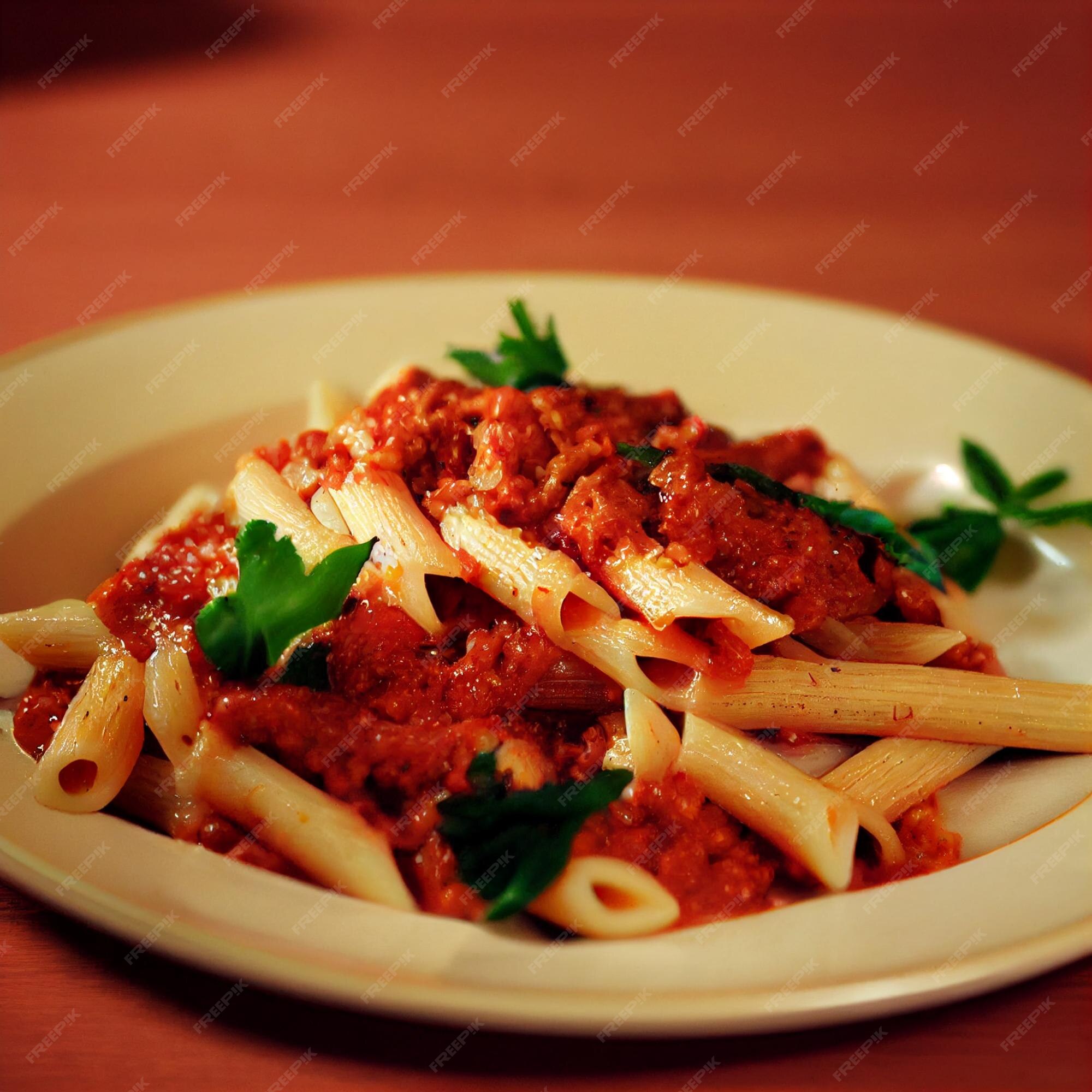 Premium AI Image A Plate Of Penne Pasta With Meat And Parsley Leaves premium-ai-image-a-plate-of-penne-pasta-with-meat-and-parsley-leaves