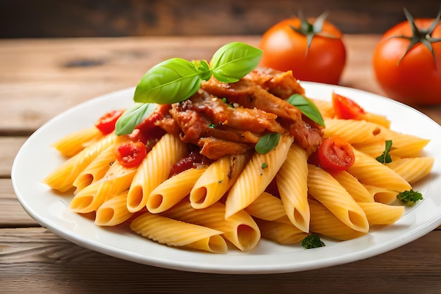 A plate of penne pasta with tomato sauce and basil