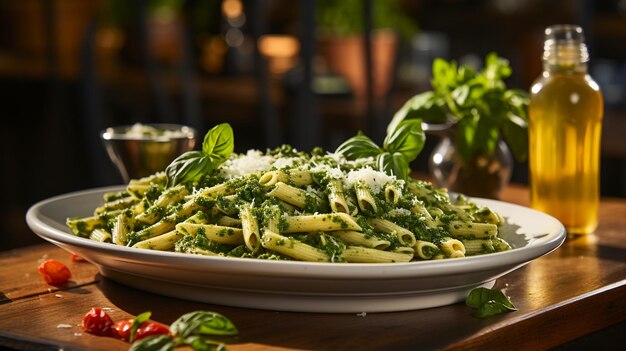 A plate of perfectly cooked pasta dressed in vibrant pesto sauce