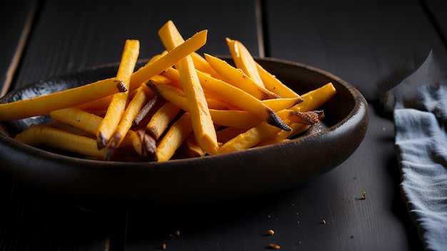 A plate of perfectly crispy French fries on a wooden table