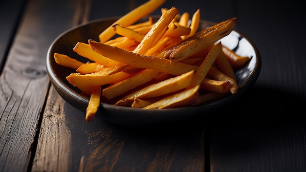 A plate of perfectly crispy French fries on a wooden table