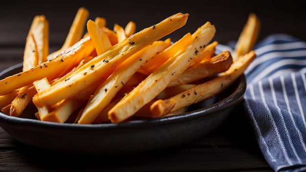 A plate of perfectly crispy French fries on a wooden table