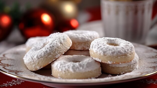 a plate of perfectly crumbly shortbread cookies adorned with a light dusting of powdered sugar