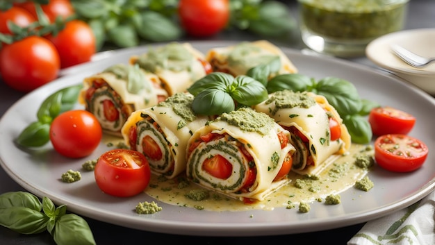 A plate of pesto lasagna rolls with a side of fresh tomatoes and basil leaves