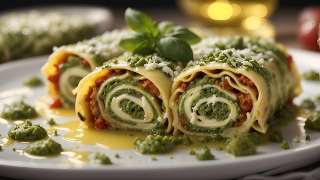 A plate of pesto lasagna rolls with a sprinkle of parmesan cheese and a drizzle of olive oil
