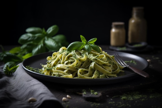 A plate of pesto pasta with basil on it