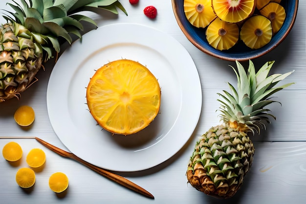 A plate of pineapples, pineapple, and oranges on a table