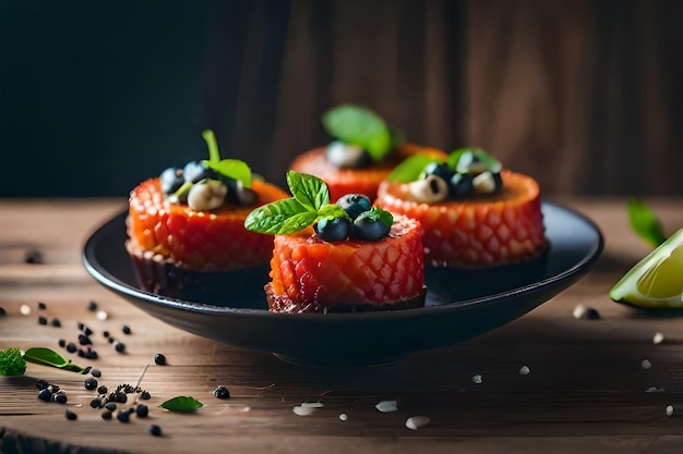 a plate of pomegranates with mint and blackberries on a wooden table