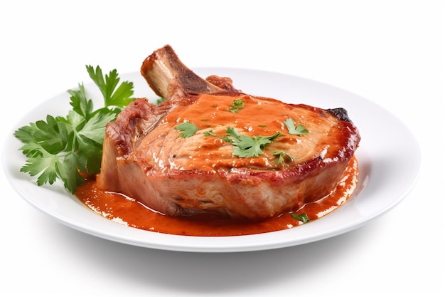 A plate of pork chops with a red sauce on it.