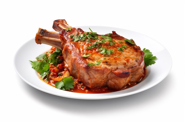 A plate of pork chops with red sauce and parsley on top.