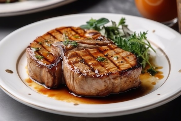 A plate of pork chops with a side of salad.