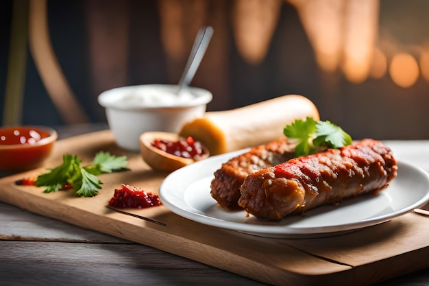 A plate of pork sausages with a bowl of sour cream and a bowl of cilantro.