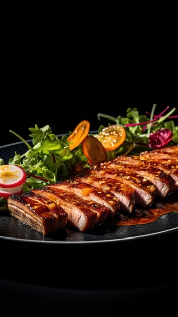 A plate of pork tenderloin with a salad on the side.