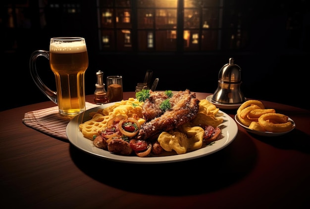 a plate of pork with beer pretzels and potatoes