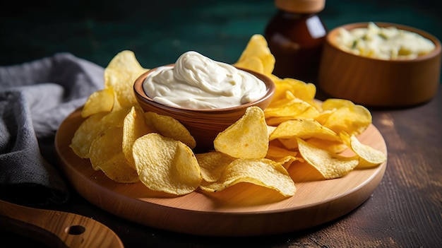 A plate of potato chips with a dip on it