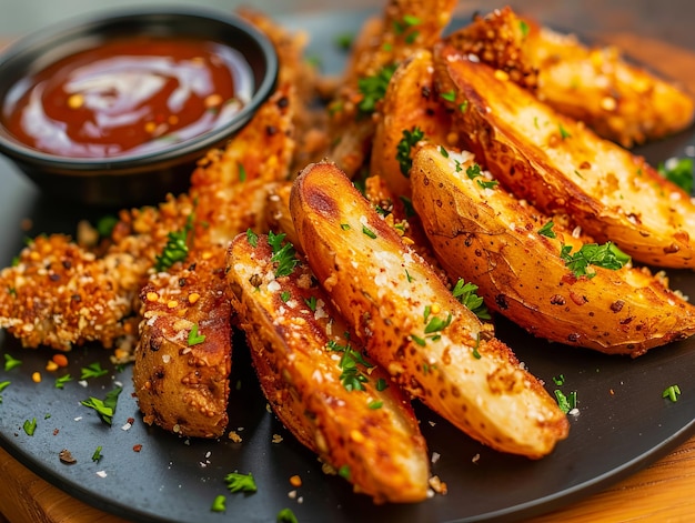 A plate of potato wedges with sauce