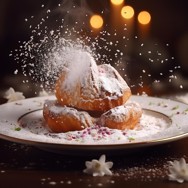 Photo a plate of powdered sugar is on a table with a candle behind it.