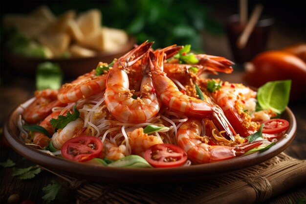 Photo a plate of prawns with a bowl of noodles and vegetables