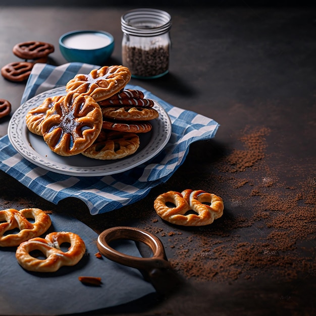 A plate of pretzels and other pastries are on a table with a blue and white checkered cloth