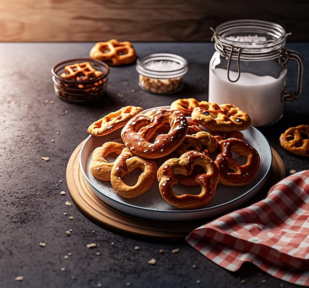 A plate of pretzels with a glass of milk on the side Ai generative