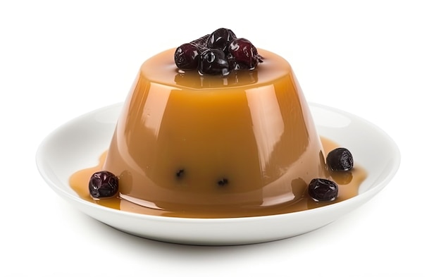 A plate of pudding with blueberries on it