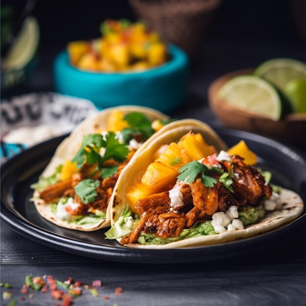 Premium AI Image A plate of pulled pork tacos with pineapple salsa on top
