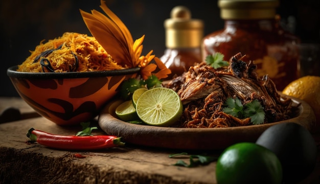 A plate of pulled pork with a bowl of salsa and limes.