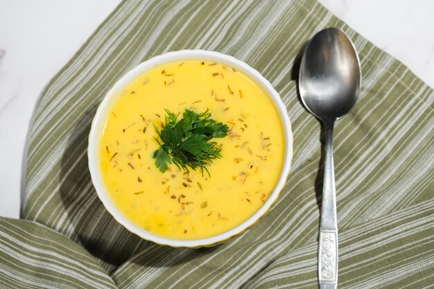 Plate of pumpkin pureed soup