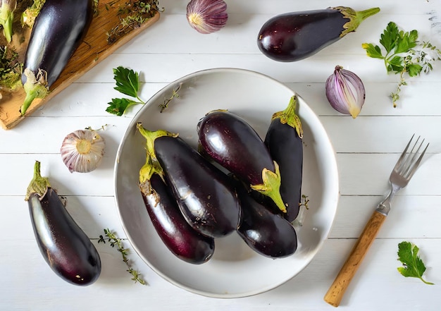 A plate of purple eggplant is on a wooden table