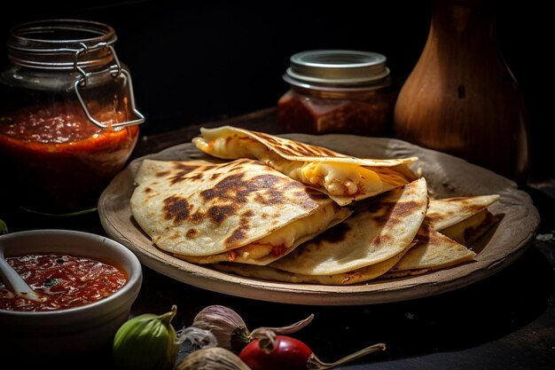 A plate of quesadillas with a bowl of soup and tomatoes arround it