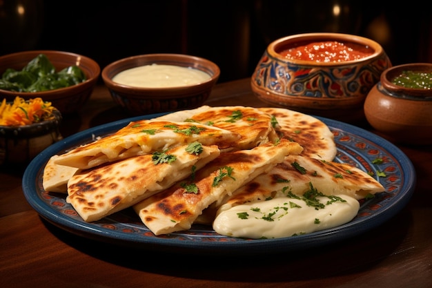 A plate of quesadillas with a slice of chicken on top