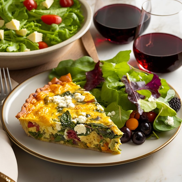 A plate of quiche and a salad with a glass of wine.